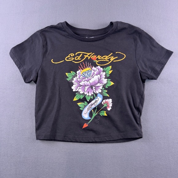 Ed Hardy Tops - Ed Hardy Black Peony Diamond Graphic Crop Top Tee Y2K Style Womens Medium